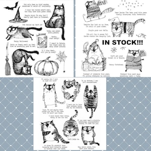 May include: A set of 10 black and white digital stamps featuring cats in various poses and with different sayings. The stamps are designed for crafting and scrapbooking. The sayings include "Happy Halloween", "Today was great, until...", "I know the voles aren't real, but they have some great ideas", "Jingle your own bell", "Don't get your knickers in a tangle", "Instead of presents this year, I'm gifting everyone my opinion", "Prepared this card maybe something warm & furry", "I'm sorry, did I roll my eye out loud?", "Look, I'm not saying that you're old, but if you were, I know you'd be there", "If you ever need a slightly disappointed, somewhat grumpy friend, I have you for that."