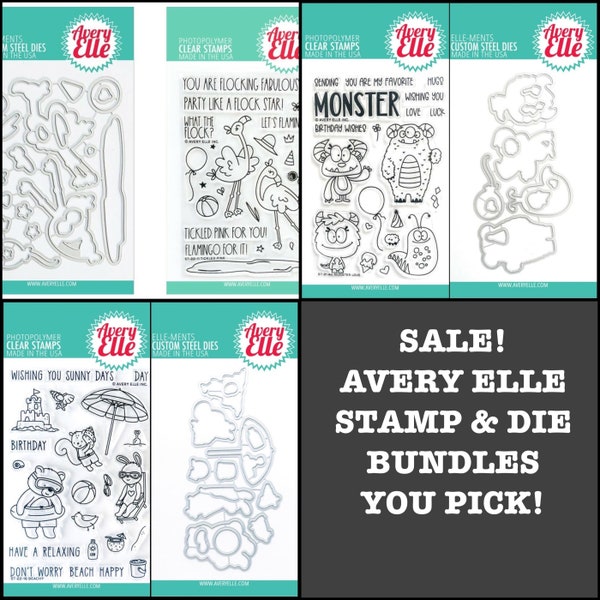 SALE! Avery Elle "Tickled Pink" or "Monster Love" or "Beachy" Photopolymer Clear Stamps & Die Bundle