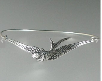 Silver Swallow Bangle Bracelet Silver Bird Bangle Bracelet Bird Jewelry Bridesmaid Gifts.