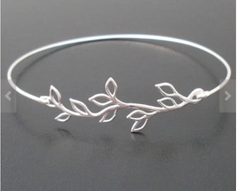 Silver Olive Branch Bangle Bracelet. Olive Branch Jewelry- Bridesmaids Gifts.