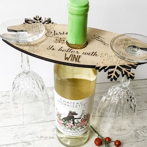 Christmas wine butler, laser cut file, wine caddy svg, glowforge, wine drinker gift, wine glass holder file, dxf, instant download