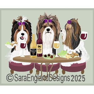 May include: Three dogs wearing purple bows sit at a table with glasses of wine and snacks. The table has a wooden top and purple cushions. The text "Sara England Designs 2025" is at the bottom of the image.