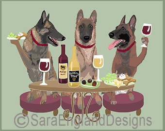 May include: Three brown and black Belgian Malinois dogs are sitting at a table with wine glasses, bottles of wine, grapes, cheese, and olives. The dogs are wearing red collars and are looking at the camera. The table is set with a white tablecloth and has a green background.