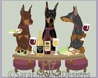 May include: Three Doberman Pinschers sitting at a table with wine glasses and bottles of wine. The table has a purple tablecloth and the dogs are wearing collars. The text "Dog Wine-ing" is at the bottom of the image.