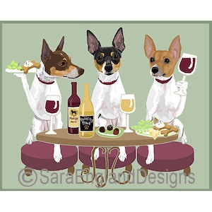 May include: Three white Rat Terrier dogs dressed in red collars are sitting at a table with wine glasses, bottles of wine, and grapes. The dogs are holding wine glasses and a bottle of wine. The table is set with a white tablecloth and a red runner. The background is a light green color.