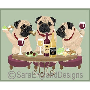 May include: Three pugs sitting at a table with wine glasses and bottles of wine. The pugs are wearing red collars and are enjoying a meal of cheese, grapes, and other treats. The table is set with a white tablecloth and has a green background.