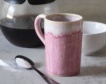 Pink With White Glaze Drip Car Cup Holder Mug - Rustic Farmhouse Ceramic Coffee and Tea Travel Mug