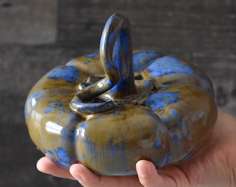 Ceramic Pottery Pumpkin, Handmade Fall Halloween Thanksgiving Decor, Blue Brown Clay 5.5’’ Glazed Pumpkin (including curly stem)