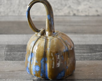 Ceramic Pottery Pumpkin, Handmade Fall Halloween Thanksgiving Decor, Blue Brown Clay 8’’ Glazed Pumpkin (including curly stem)