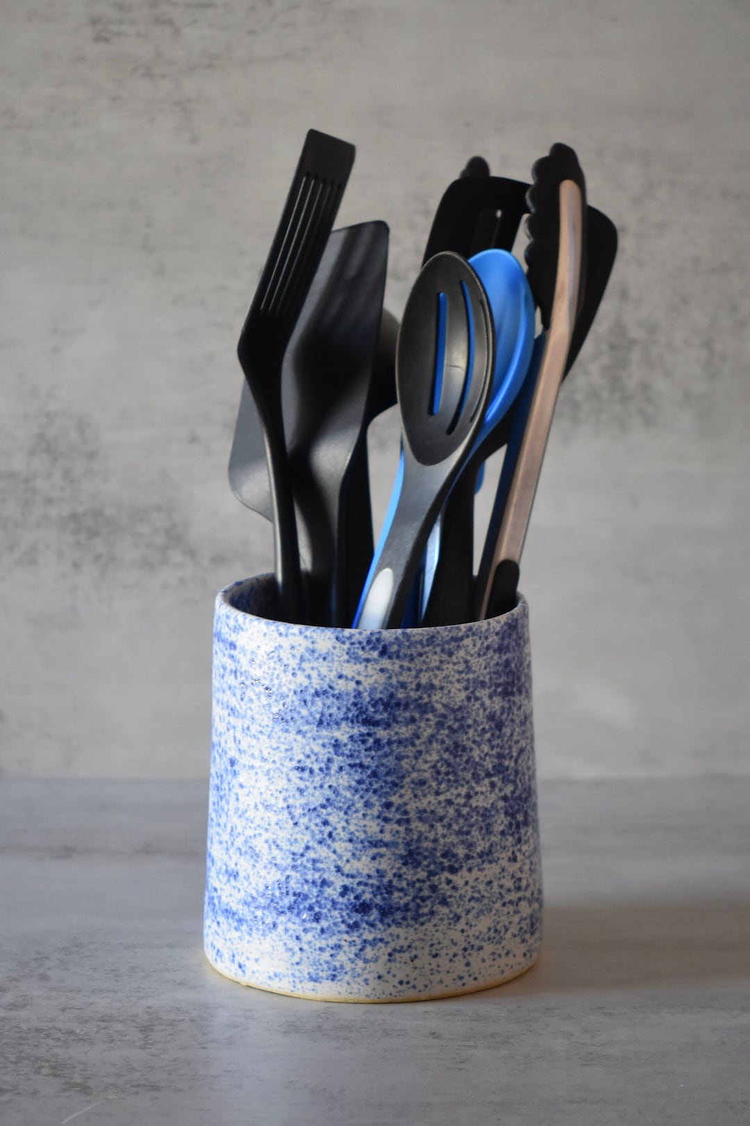 Blue and White Speckled Ceramic Utensil Holder, Stoneware Utensil Crock