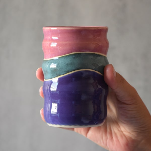 Colorful Ceramic Kids Cup, Bubble Grip Milk Juice Cup Handmade Pottery, Pink Purple Teal Wave Tumbler Daughter Gift, 10 or 13 oz