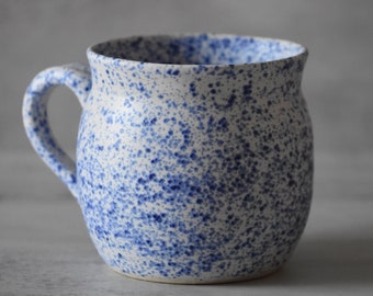 Farmhouse Pottery Blue White Matte Mug, Rustic Wheel Thrown Ceramic Cup. Large Giant Handmade Mug.