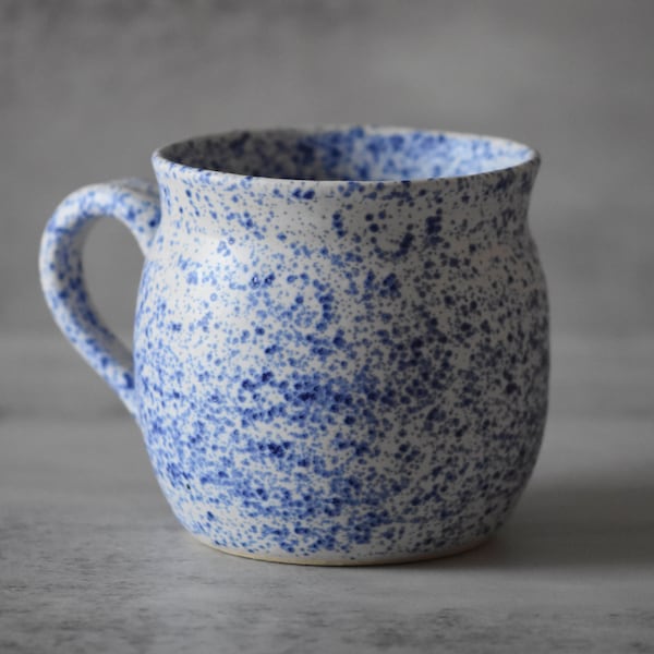 Farmhouse Pottery Blue White Matte Mug, Rustic Wheel Thrown Ceramic Cup. Large Giant Handmade Mug.