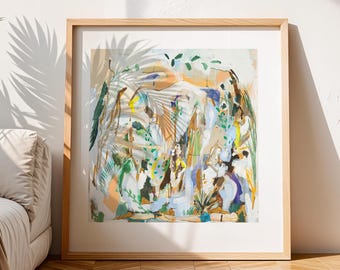 May include: Abstract painting in a wooden frame. The painting features a colorful, layered design with shades of blue, green, yellow, and brown. The artwork is reminiscent of a garden scene with foliage and flowers.