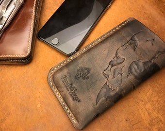 iPhone leather sleeve case skull carved , hand stitched M4