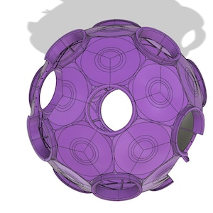 May include: A purple 3D printed sphere with a geometric design. The sphere has multiple circular openings.