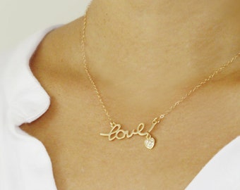 Gold Love Necklace with Tiny Pave Heart