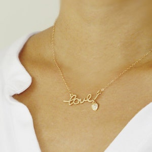 Gold Love Necklace with Tiny Pave Heart image 1
