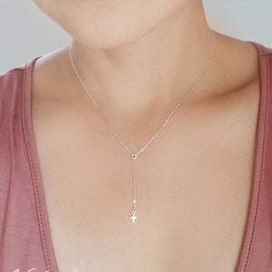 Delicate Rosary Y Necklace with Tiny Cross Charm