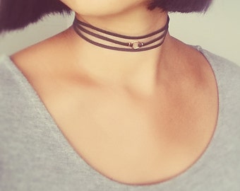 Leather Wrap Choker Ring, Leather Gold Filled Ring Choker