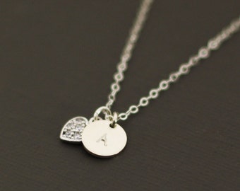 Initial Necklace with Pave Heart Necklace -  Personalized Initial Necklace - Customized necklace