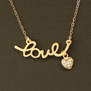Gold Love Necklace with Tiny Pave Heart image 2