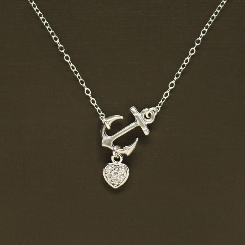 Sideways Silver Anchor Necklace with Pave Heart Sterling Silver Chain