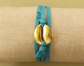 Leather Wrap Bracelet with Gold Hawaiian Cowrie Shell