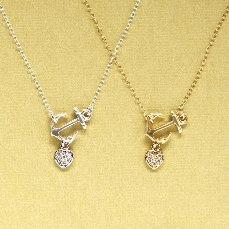 Sideways Silver Anchor Necklace with Pave Heart Sterling Silver Chain