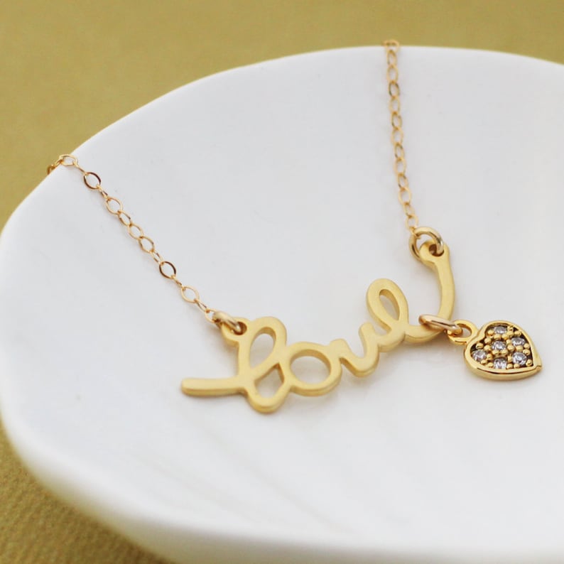 Gold Love Necklace with Tiny Pave Heart image 3