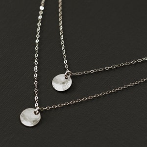 May include: A silver necklace with two hammered disc pendants. The necklace is layered and has a delicate chain.