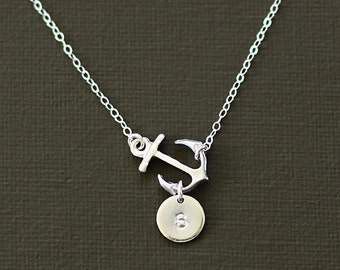 Silver Anchor Initial Necklace - Sterling Silver Chain