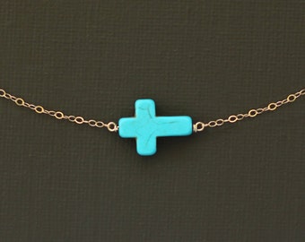 Sideways Turquoise Howlite Cross Necklace - 14K Gold Filled Chain
