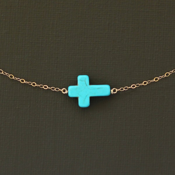 Sideways Turquoise Howlite Cross Necklace - 14K Gold Filled Chain