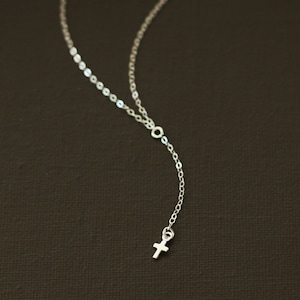 Delicate Rosary Y Necklace with Tiny Cross Charm - Sterling Silver