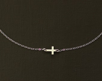 Sideways Silver Cross Necklace - Sterling Silver