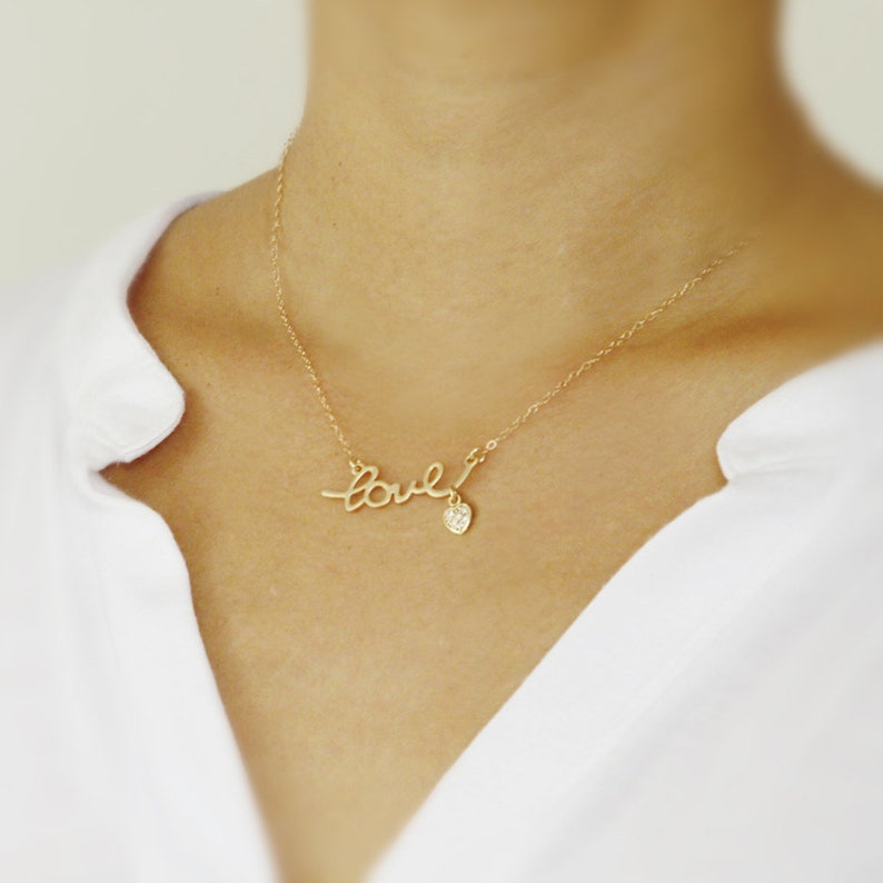 Gold Love Necklace with Tiny Pave Heart image 1