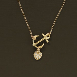 Sideways Gold Anchor Necklace with Pave Heart- 14K Gold Filled Chain