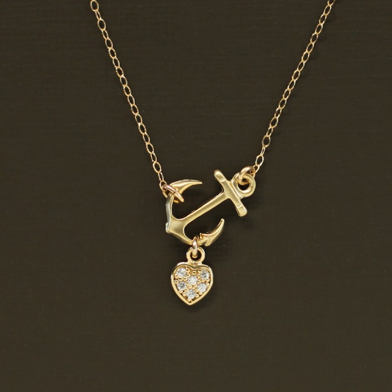 Sideways Gold Anchor Necklace with Pave Heart 14K Gold Filled Etsy