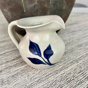 Vintage Williamsburg Pottery Painted Ceramic Pitcher with Blue Leaf