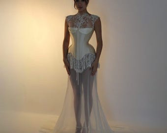 VIOLET + WILLOW | Pre-Order Custom Bridal Cream Ivory Off White French Chantilly Lace Silk Corset Mini Dress