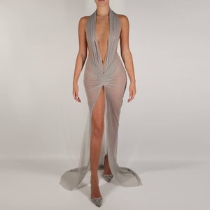 LIA | Pre-Order Custom Grey Smoke Sheer Stretch Mesh Halter Bodysuit Draped Long Sleeves Backless Gown Dress