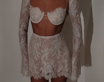 BIANCA | Pre-Order Handmade Beaded Chantilly Lace Bralette Sleeves Mini Skirt