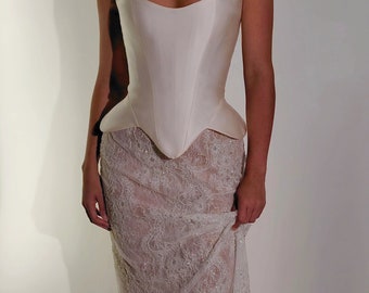 ALICE | Pre-Order Custom Duchess Silk Basque Waist Corset Beaded Chantilly Lace Column Skirt Removable Sleeves Wedding Gown Dress Bridal
