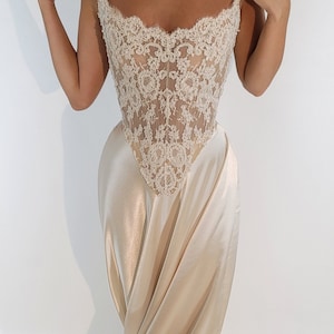 FRANCESCA | Pre-Order Vintage Aged French Corded Chantilly Lace Basque Waist Corset Sueded Silk A Line Skirt Wedding Bridal Cathedral Gown image 1