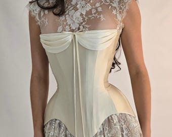 VIOLET | Pre-Order Custom Bridal Cream Ivory Off White French Chantilly Lace Silk Corset Mini Dress