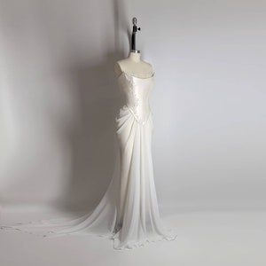 PRE-ORDER Handmade Draped Pearl Off White Chiffon Sheer Mesh Corset High Slit Crystal Lace Wedding Gown Dress Formal Prom Bridal Cathedral