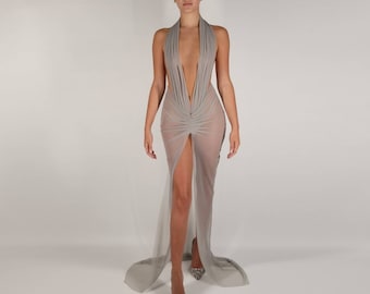 LIA | Pre-Order Custom Grey Smoke Sheer Stretch Mesh Halter Bodysuit Draped Long Sleeves Backless Gown Dress