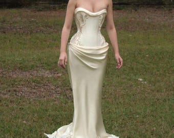 MARION | Pre-Order Custom Couture Bridal Cream Off White Silk Duchess Satin Embroidery Corset Dress Gown