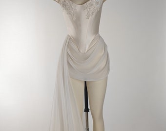 KATHERINE | Pre-Order Off White Basque Waist Off Shoulder Sleeve Corset Embroidered Beaded Lace Draped Mini Long Train Bridal Dress